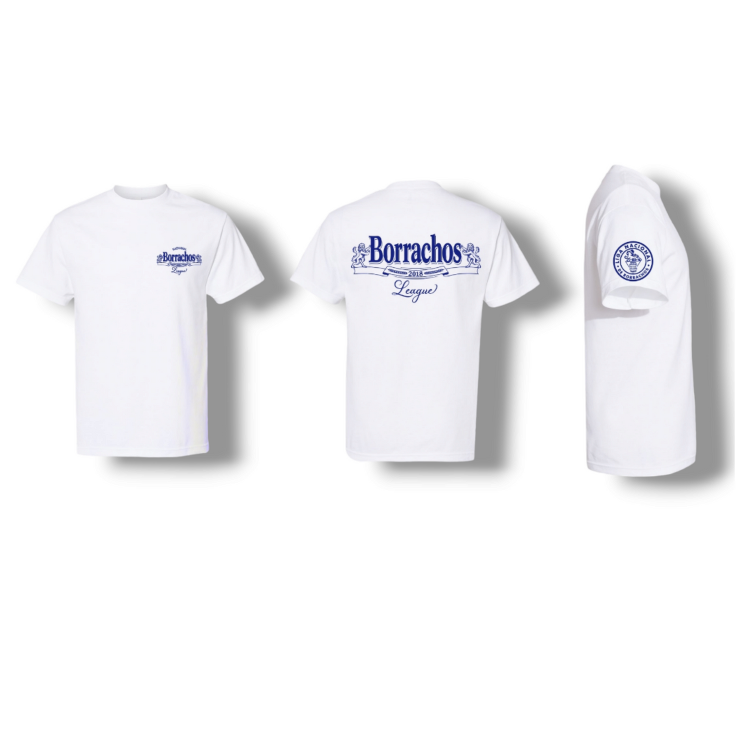 White & Navy Blue Borrachos T shirt