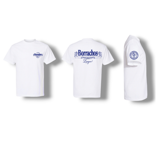 White & Navy Blue  Borrachos T shirt